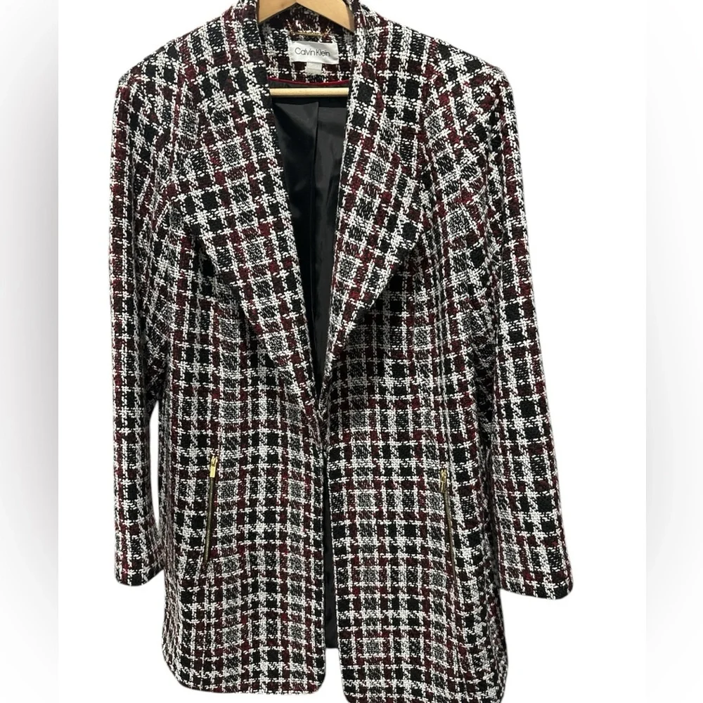 Calvin Klein Women's Plus Tweed Plaid Topper
Jacket Black/Burg Size 18W - Picture 3 of 11